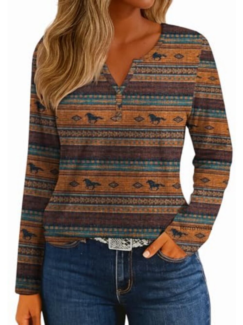 Western Aztec Long Sleeve Tunic Top Henley Button V Neck